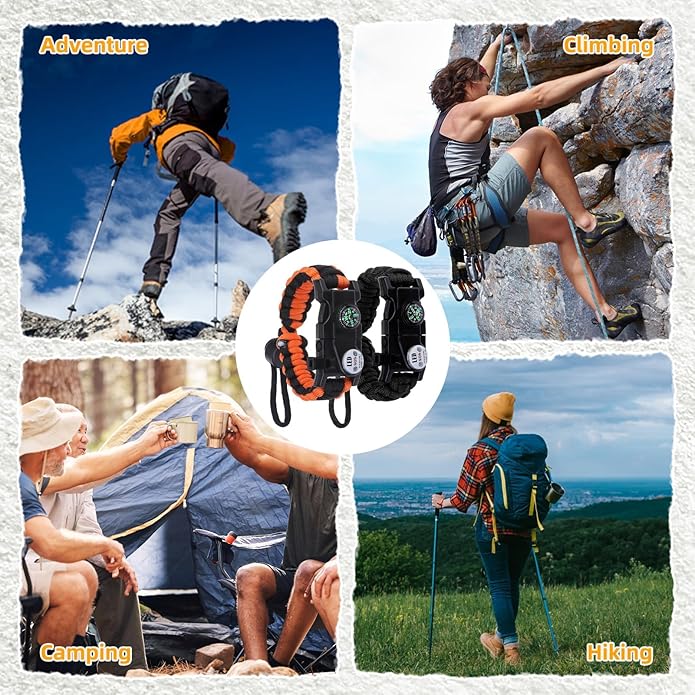 Adjustable Survival Paracord Bracelet, 2 Pack Emergency Fire Starter Kit with Loud Whistle Compass Light Flint Steel for Hiking Fishing Hunting, Tactical Gear Equipment Multitools