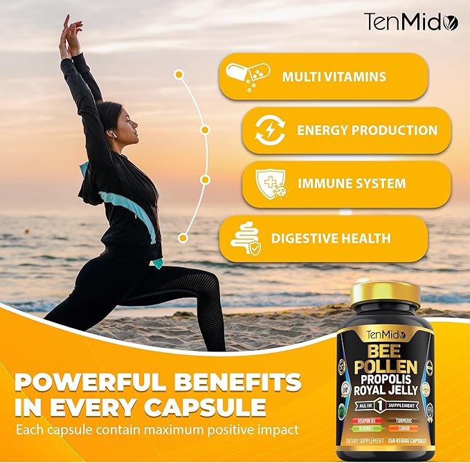 Organic Bee Pollen Supplement for Men and Women, 7in1 Formula with Propolis, Royal Jelly, Turmeric, Carob & More - Energy, Immune, Digestive Support - Rich in Nutrient, Vitamins - 150 Capsules