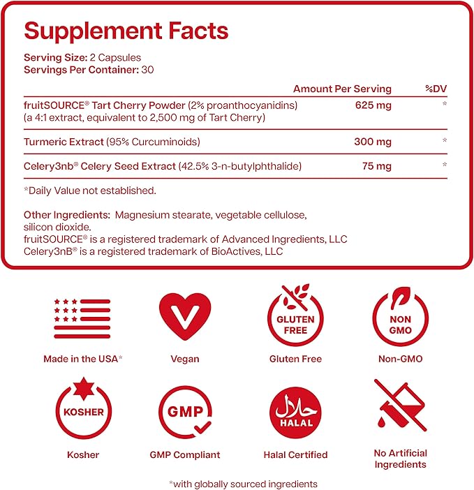 3 in 1 Tart Cherry Extract Capsules with Turmeric & Celery Seed for Uric Acid Flush Cleanse, Joint & Feet Support Pills, 60 Veggie Capsules Manufactured in USA