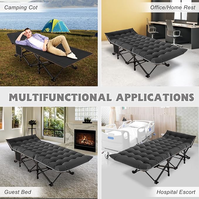 ABORON 2 Pack Folding Camping Cot W/Mat for Adults, Heavy Duty Outdoor Bed with Carry Bag,1200 D Layer Oxford Travel Camp Cots