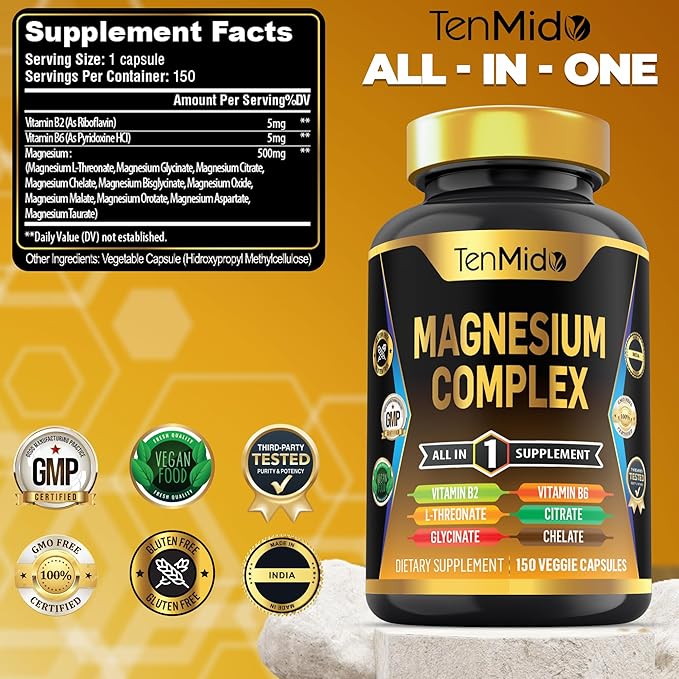 Magnesium Complex Supplement - Combine 10 Types of Magnesium: Glycinate, L-Threonate, Citrate, Chelate, Bisglycinate, Oxide, Malate, Orotate, Aspartate, Taurate - 150 Capsules for 5 Months