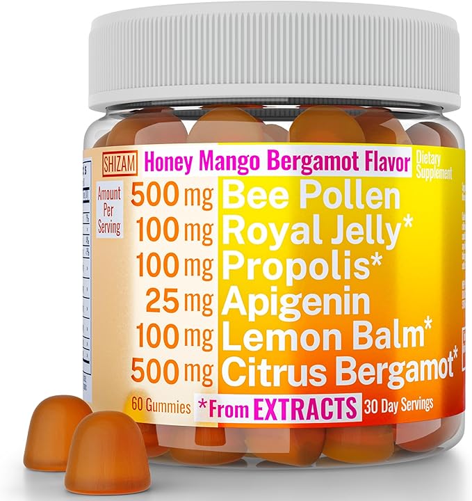 Bee Pollen Apigenin Citrus Bergamot Gummies w Organic Propolis Royal Jelly Honey Lemon Balm Extract, Supplement for Men Kids, Tincture Drops Powder Capsule Herb Capsules Supplements Alt, Pollan Polen