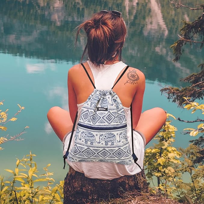 WANDF Drawstring Backpack String Bag Sackpack Cinch Water Resistant Nylon for Gym Shopping Sport Yoga (Blue Elephant with zipper)