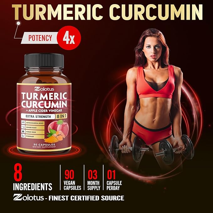 7 in 1 Turmeric Curcumin + Apple Cider Vinegar Capsules, 3 Month Supply with Ashwagandha, Ginger, Garlic Bulb, 95% Standardized Curcuminoids, Joint & Absorption Support