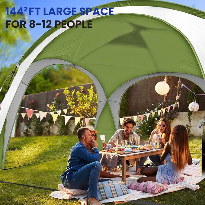 Beach Tent 12 X 12ft Large UPF50+ Pop Up Canopy with 2-Pcs Side Wall, Sun Shelter Rainproof, Waterproof for Camping Trips, Backyard Fun, Fishing, Parties, Or Picnics(Green)