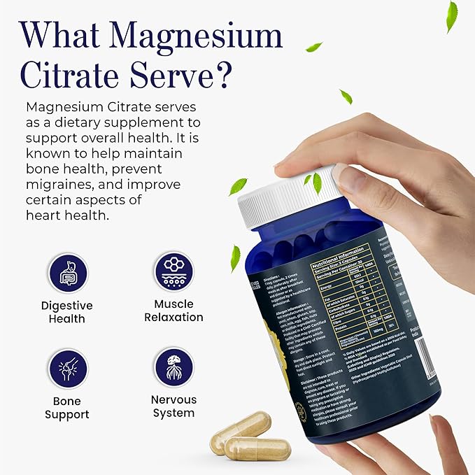 Biovitalia Magnesium Citrate Supplement for Sleep Heart Health Cognitive Health Bone Health Energy Muscles & Metabolism with Premium Magnesium - 60 Vegan 1000mg Capsules