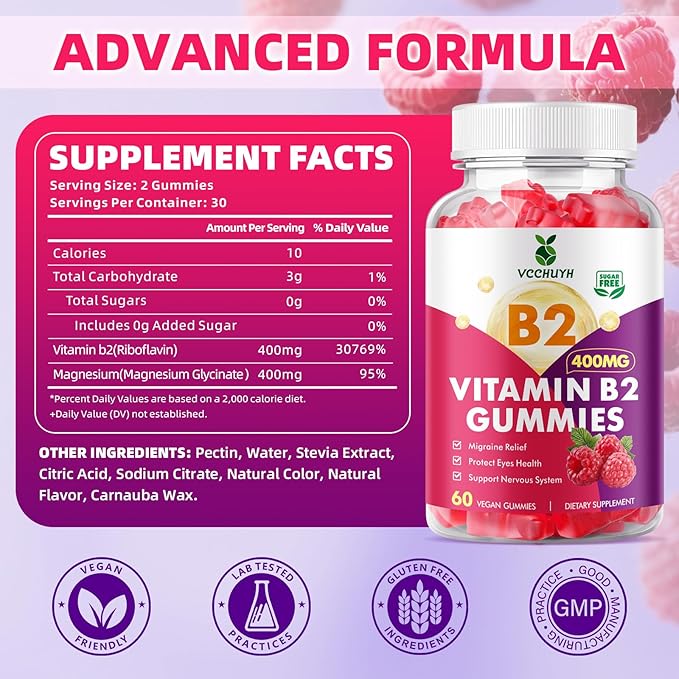 Vitamin B2 Gummies for Kids & Adults, VIT B2 Riboflavin 400mg Supplement with Magnesium for Migraine Relief & Nervous System Support, Non-GMO, Vegan, Raspberry Flavor 120 Count