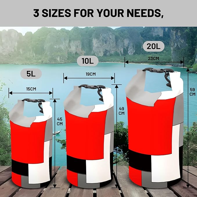 Waterproof Dry Bag Backpack, 5L/10L/20L, Red and Black Geometric, Floating, Lightweight, IPX8 Certified Waterproof Phone Case Included