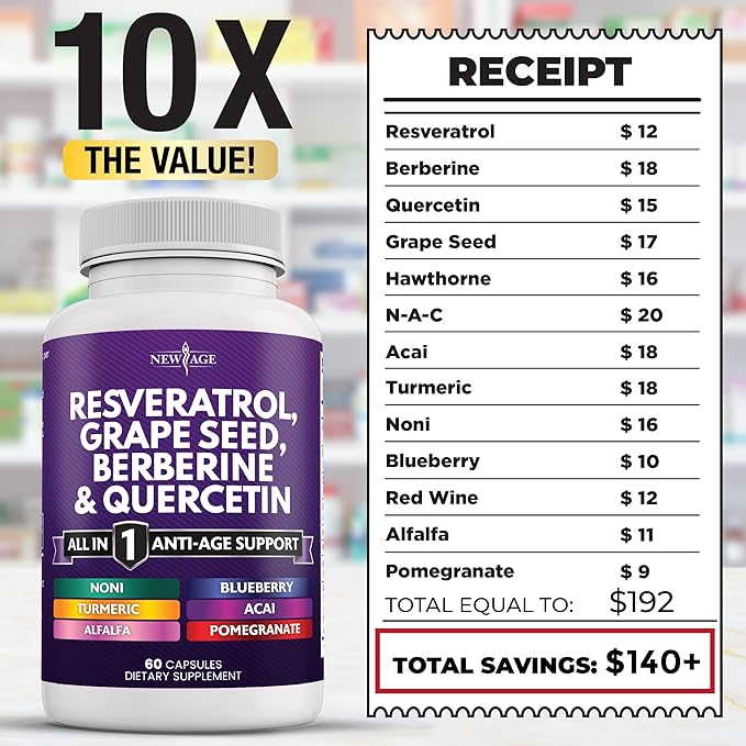 NEW AGE Resveratrol, Berberine, Grape Seed Extract, Quercetin, Polyphenol Supplement for Women and Men with Noni Extract, N-Acetyl Cysteine, Acai Extract - 180 Capsules