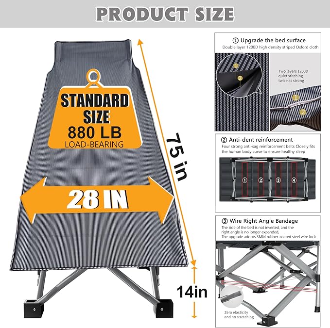 ABORON 2 Pack Folding Camping Cot W/Mat for Adults, Heavy Duty Outdoor Bed with Carry Bag,1200 D Layer Oxford Travel Camp Cots