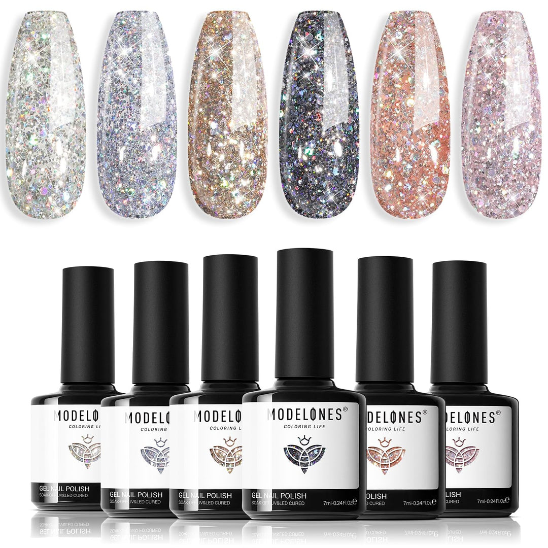 Modelones Glitter Gel Nail Polish - 6 Colors Sparkle Silver Gold Pink Gel Polish Kit Soak Off Chrome Platinum Glitter Red Black