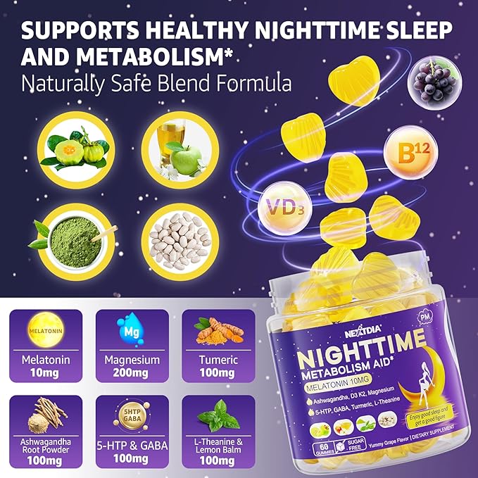 Melatonin 10mg Gummies, Night Time Metabolism Gummies for Adults, Crush Excess Hoarding While You Rest, Promote Healthy Zzzs, with Magnesium, Ashwagandha, 5-HTP, GABA, 100% Drug Free,Sugar Free,2Packs
