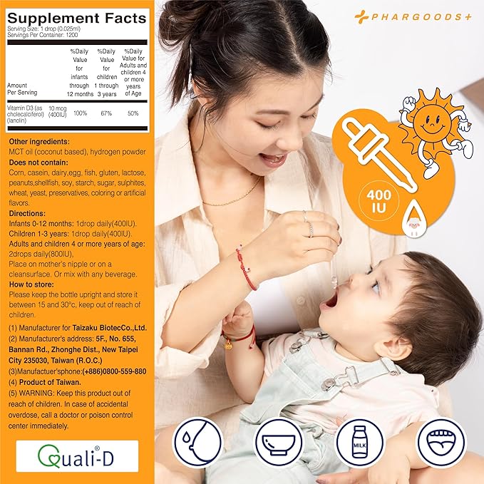 Baby Vitamin D3 Drops-400IU per Drop-1200 Servings-Safe for Newborns&Kids-Supports Immune&Bone Health-30ml