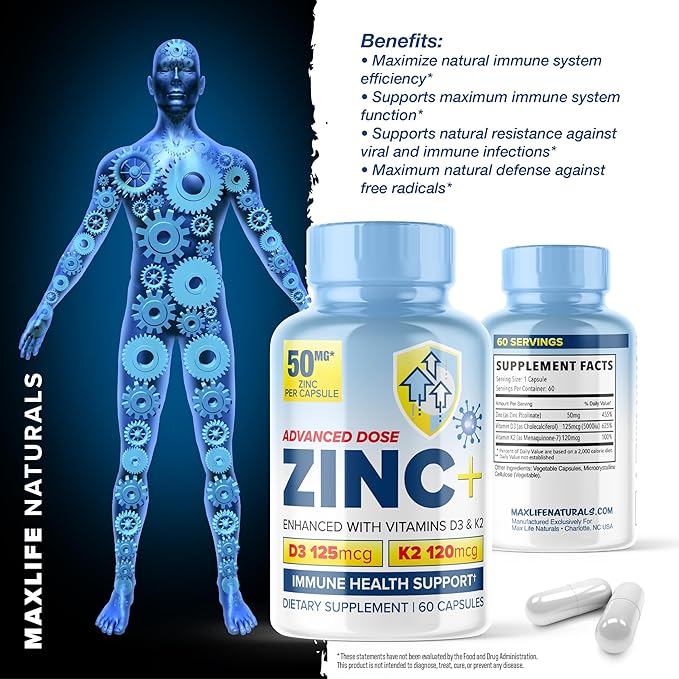 Zinc Picolinate 50mg with Vitamin K2 MK-7 + Vitamin D3 5000 IU, Zinc 50mg with 120mcg Vitamin K2 as MK7, Non-GMO Zinc Supplements Easy to Swallow Alternative to Lozenge, Chewable Tablets, Liquid Zinc