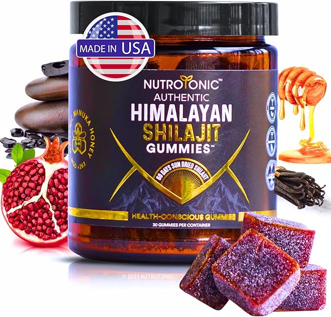Organic SHILAJIT Gummies by NutroTonic | Organic Pomegrenate Flavor | Cane Sugar Free, Sweetened by Organic Manuka Honey | Clean Formula | Heart & Brain, Cellular Health 30 Healthy Gummies (1)