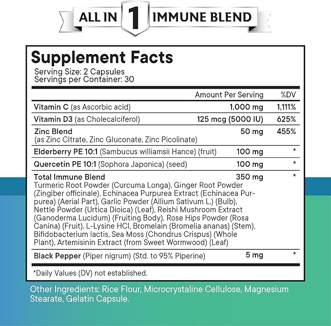 Quercetin Zinc Vitamin C Vitamin D Bromelain Elderberry - Nettle Supplement with Artemisinin, Sea Moss, Echinacea - 180 Count