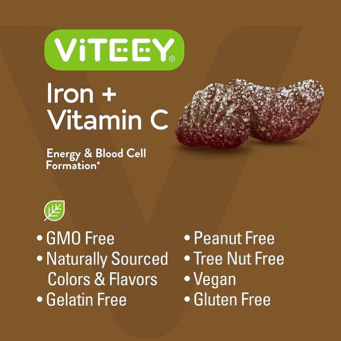 Iron Gummies 20mg + Vitamin C 26mg for Iron Deficiency and Anemia, Supports Energy, Blood Cell Formulation, Blood Builder, Vegan Supplements, Gluten Gelatin and GMO Free, Chewable Grape Gummy Chews