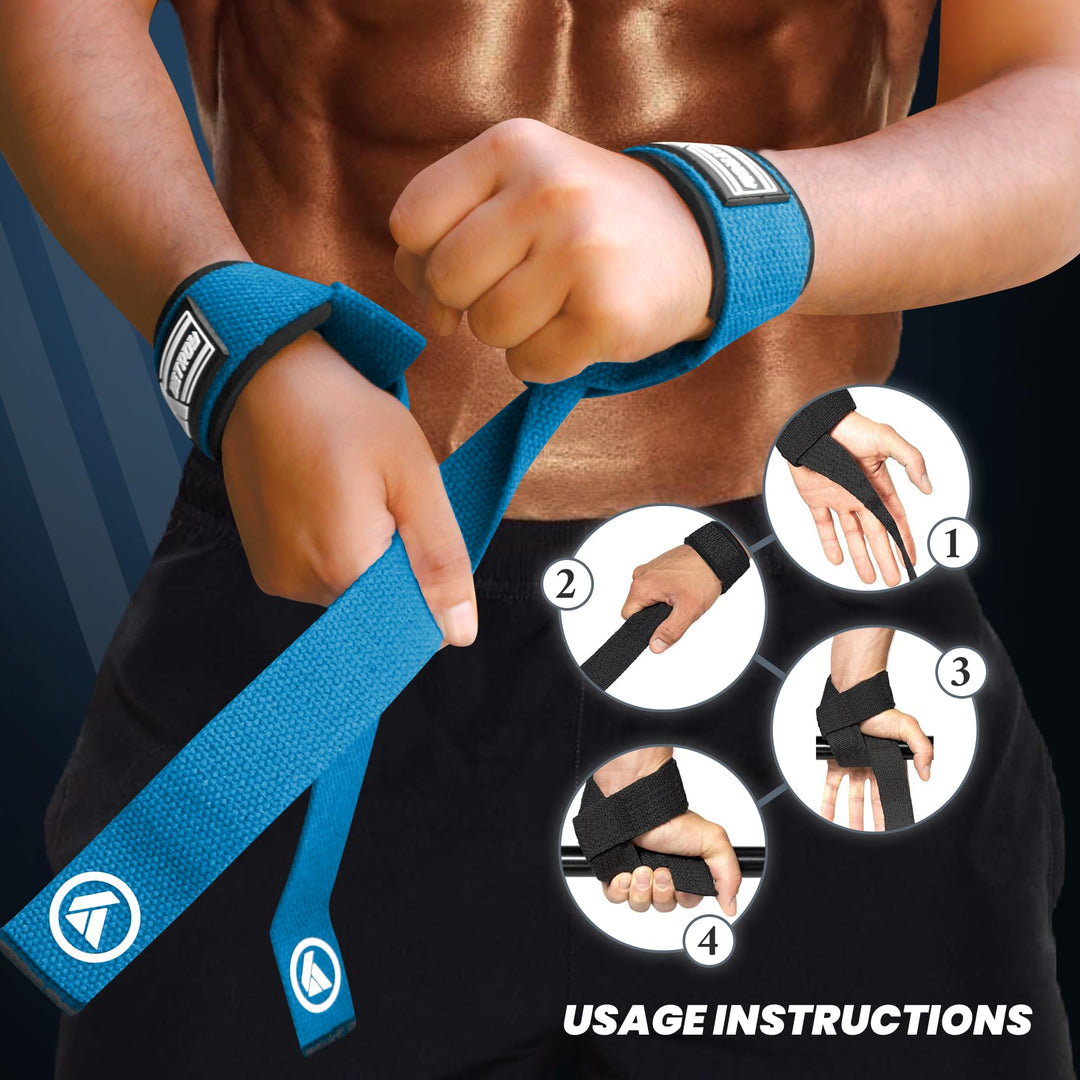 Detroy® Lifting Wrist Straps for Weightlifting, Deadlifts, Bodybuilding, Powerlifting, Gym Strength Training Workouts - Padded Neoprene with 24 inch Webbing Cotton with Silicone Grip for Men & Women (Blue)