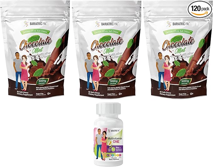 BariatricPal 90-Day Bariatric Vitamin Bundle (Multivitamin ONE 1 per Day! Capsule with 60mg Iron and Calcium Citrate Soft Chews 500mg with Probiotics - Chocolate Mint)