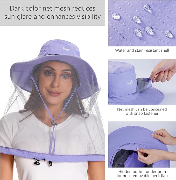 BASSDASH UPF 50+ Mosquito Sun Hat with Hidden Head Net and Neck Flap for Men Women Outdoor Fishing Hiking Camping FH16