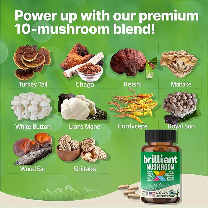 Mushroom X Supplement – 10 Mushroom Complex for Brain, Energy, Immune & Antioxidant Support – Lion’s Mane, Chaga, Reishi & More – Vegan, Non-GMO, Gluten-Free, Made in The USA – 60 Capsules