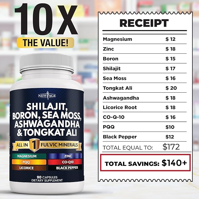 NEW AGE Shilajit Supplement with Sea Moss, Ashwagandha, Tongkat Ali, Boron, Magnesium - Fulvic Acid Capsules for Men - 90 Count