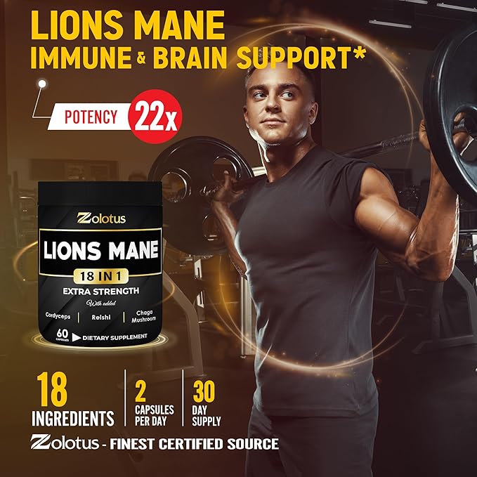 Zolotus Lions Mane Mushroom Capsules with Cordeyceps, Elderberry, Ginkgo Biloba, Bacopa - 60 Capsules