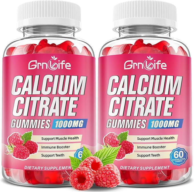 2 Pack Calcium Citrate Gummies, Sugar Free Calcium Citrate 1000mg for Muscle Healthy, Absorption Calcium Supplements for Adults & Kids, Raspberry, 120 Count