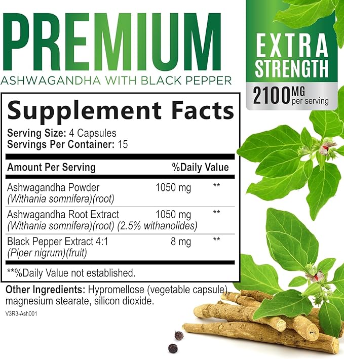 Ashwagandha Extra Strength 2100mg - Ashwagandha Supplements for Women & Men, Antioxidant Support, Nature's Vegan Ashwagandha Powder, Ashwagandha Supplement, Non-GMO & Gluten Free - 60 Capsules