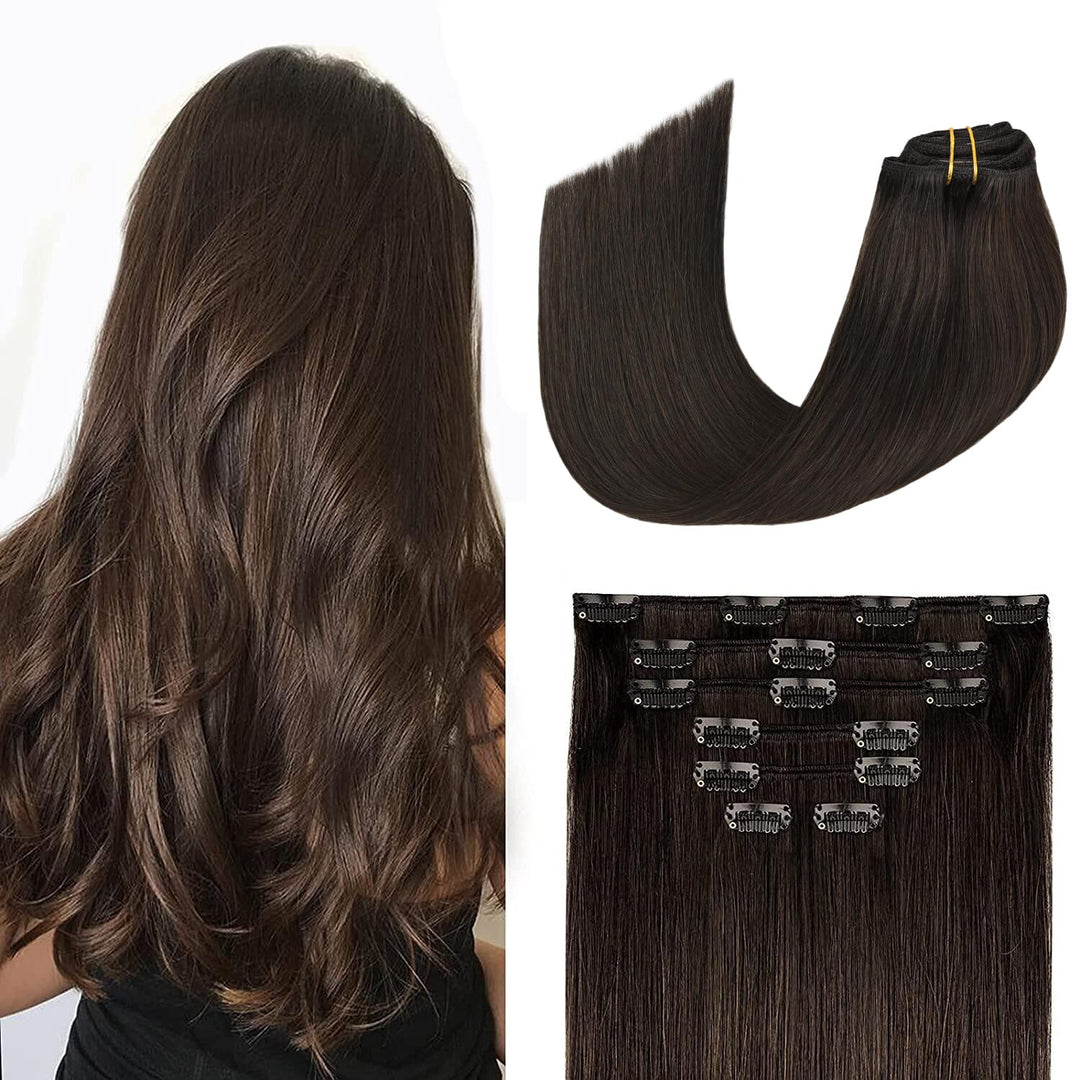 Dark Brown Clip In Hair Extensions Real Human Hair 100G 100% Real Human Hair Clip In Hair Extensions Soft Silky Straight 7Pcs 16