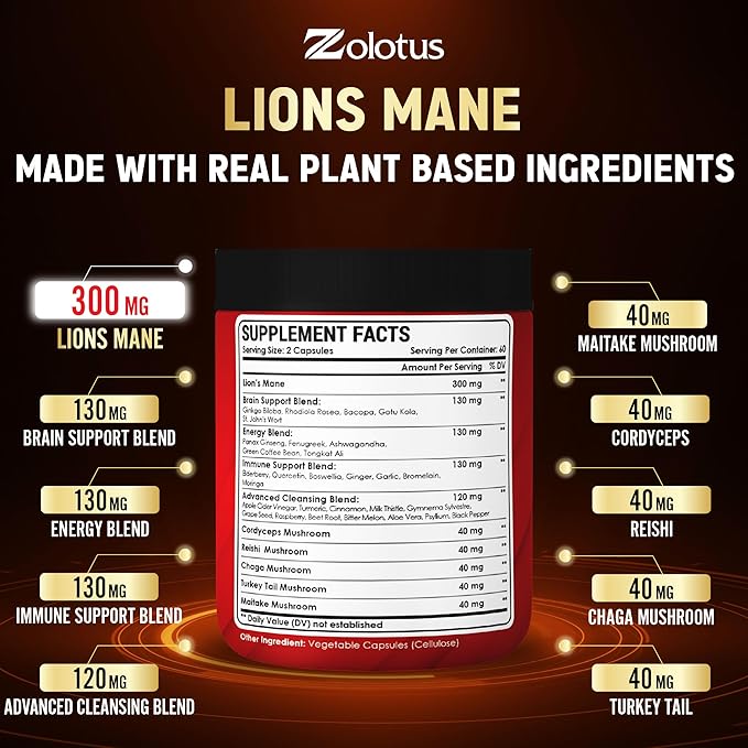 Zolotus 35 in 1 Lions Mane Mushroom Capsules Cordeyceps, Reishi, Elderberry, Ashwagandha, Panax Ginseng - 120 Count