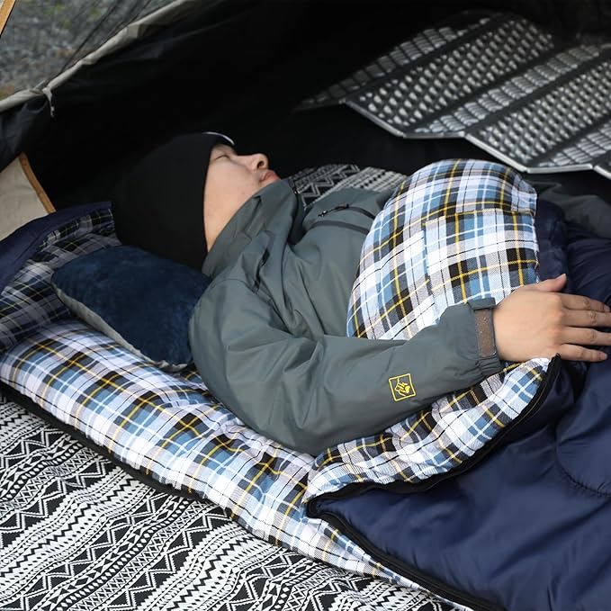 REDCAMP Flannel Sleeping Bag for Adults, Comfortable Cotton Sleeping Bags for Camping with Detachable Hood, Red/Grey/Blue
