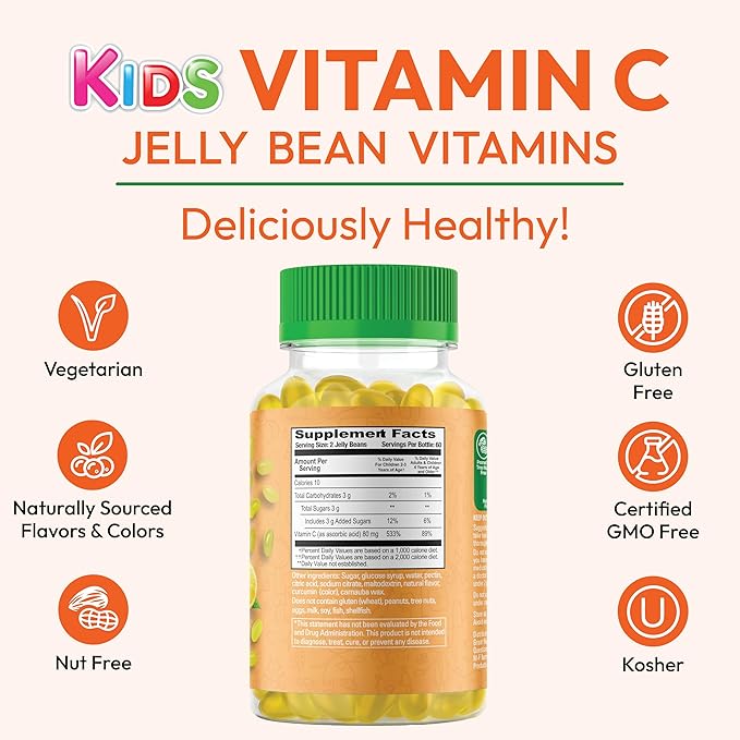Vitamin C Jelly Bean Gummies for Kids, Immune Support Dietary Supplements, Vegetarian, 120 Citrus Blast Jelly Beans, Kosher