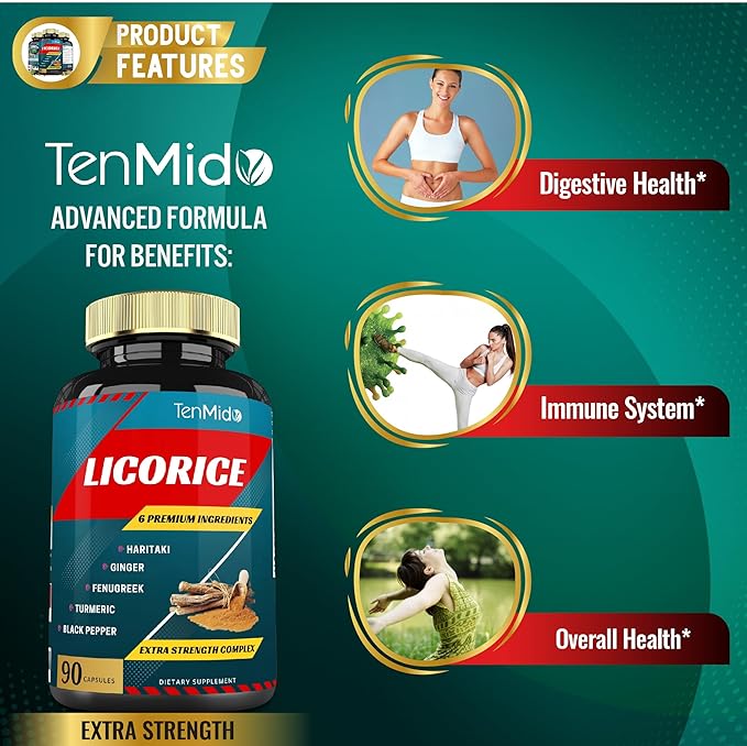 Licorice Extract Capsules with Turmeric, Ginger, Fenugreek, Haritaki, Black Pepper - Support Digestion Function - 90 Caps, 3 Months Supply