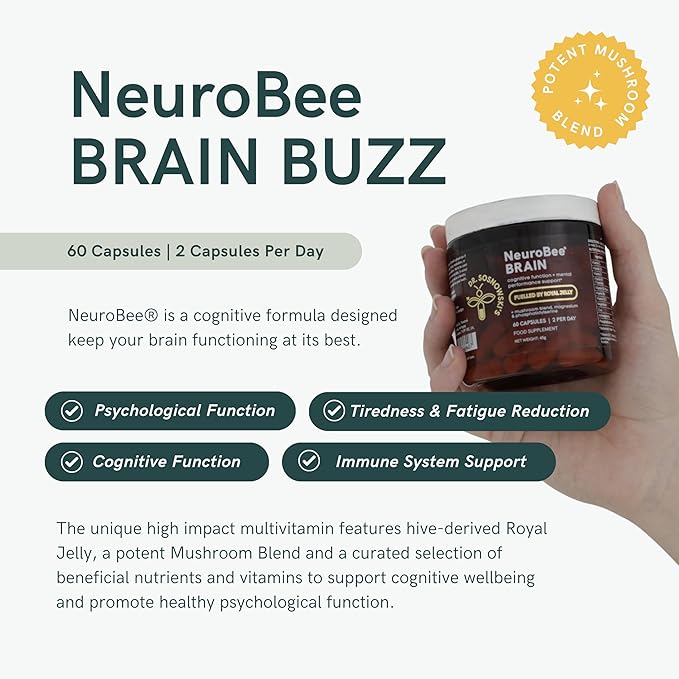 Dr Sosnowski's NeuroBee Brain Supplements with Royal Jelly, Lion's Mane + Reishi Mushroom | Energy, Mental Performance + Cognitive Function Support, 60ct