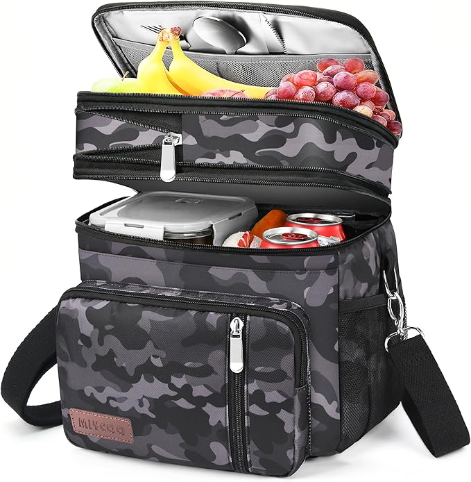 MIYCOO Lunch Bag & Lunch Box for Men Women Double Deck - Leakproof Insulated Soft Large Adult Lunch Cooler Bag for Work (Black Camo,15L)