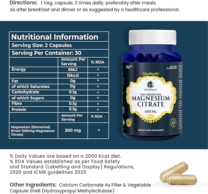 Biovitalia Magnesium Citrate Supplement for Sleep Heart Health Cognitive Health Bone Health Energy Muscles & Metabolism with Premium Magnesium - 60 Vegan 1000mg Capsules