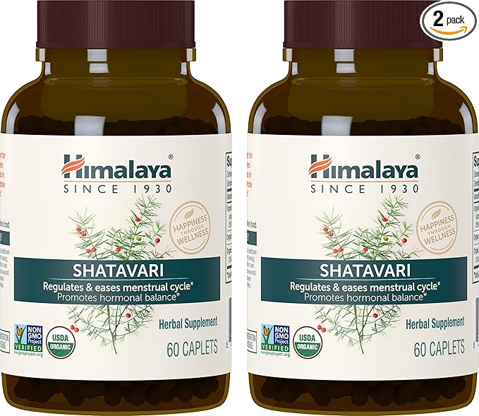 Himalaya Organic Shatavari for PMS, Menstrual Cramp Relief, Menopause Support, and Women's Health, 1,300 mg, 60 Caplets, 2 Month Supply, 2 Pack