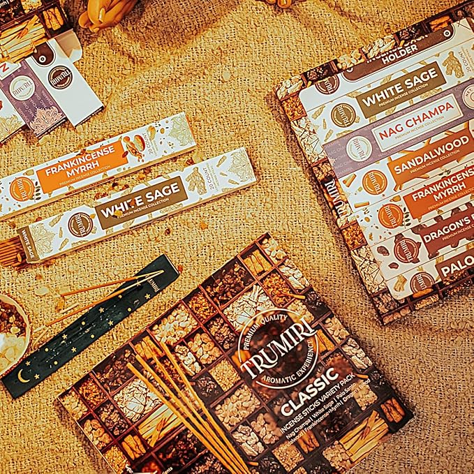 Classic Incense Sticks - Total 120 Insence-Sticks (20 Insense x 6 Inscents) - Inciensos Aromaticos Para La Casa Incents with Nag Champa Sage Palo Santo Frankincense Sandalwood Inscents-Sticks + Holder