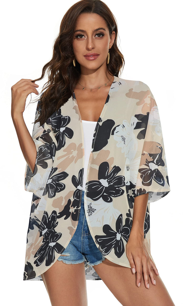 Women Kimono Cardigan Sheer Beach Coverups Chiffon Loose Casual Open Front Tops (Dasiy KhakiS)