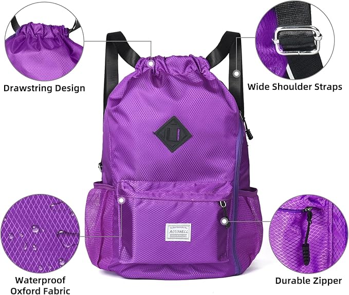 ALUSBELL Large Drawstring Backpack Bag, Sports Gym Bag String Sackpack with Shoes Compartment, Waterproof String Bag Cinch for Women Men(Purple)