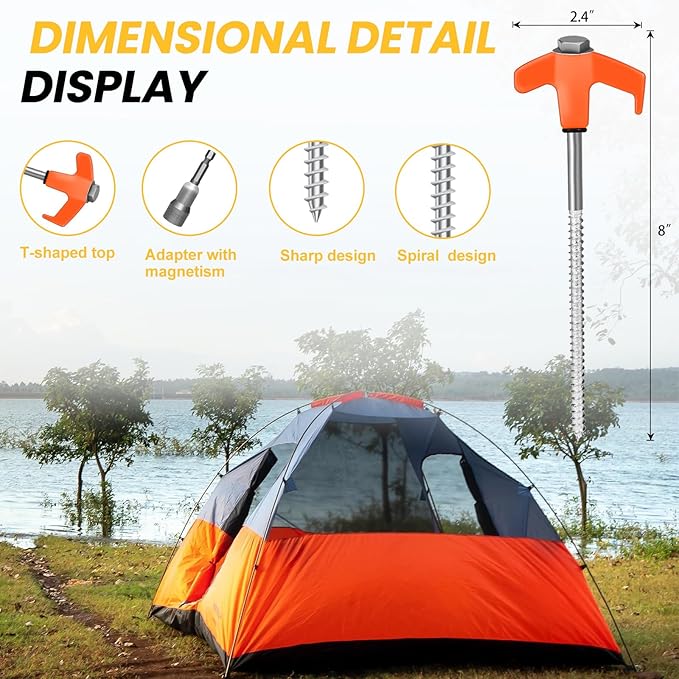 8" Screw in Tent Stakes 12PCS - Ground Anchors Screw - Screw in Tent Stakes Heavy Duty- Tent Pegs Camping Stakes- Hex Pegs Drillable Tent Stakes and Hexagon Head Drive and Storage Box (Orange)