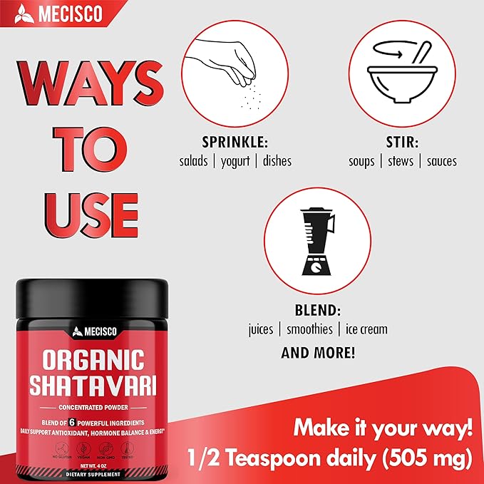 6in1 Shatavari Powder Organic - Blended with Shatavari Root, Bacopa Monnieri, Ashwagandha Root, Vitex Berry, Fenugreek & Black Pepper - Supports Rejuvenation, Promotes Energy & Vitality - 4 Oz