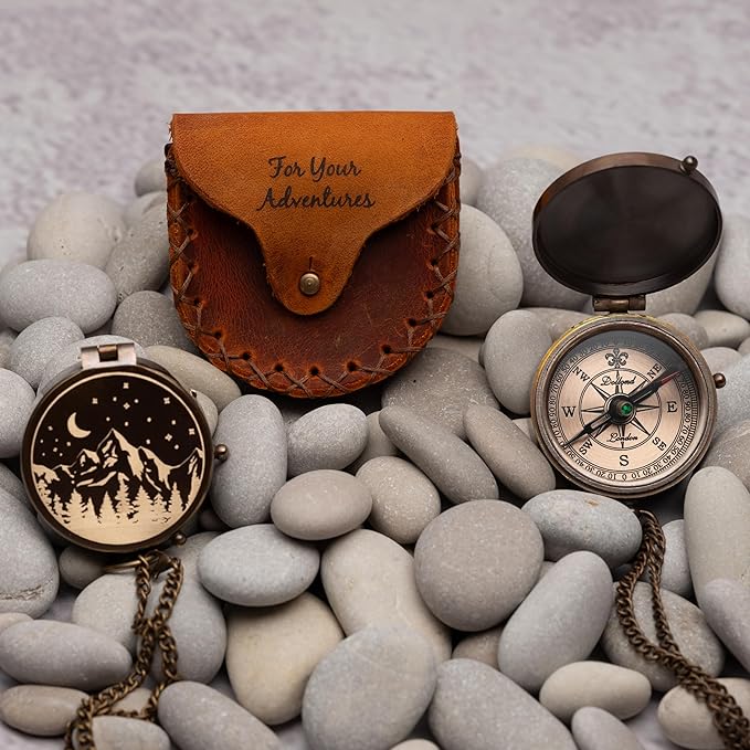 Antique Brass Compass with Leather Case - Mountains & Roads Engraved Pocket Compass for Men - Genuine Leather Pouch Stamped with 'For Your Adventures' - Vintage Gift for Husband, Father & Son