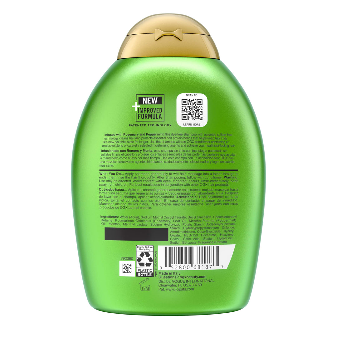 OGX Clarifying Strength + Rosemary Mint Shampoo, Clarifying Shampoo Visibly Helps Remove Oil & Residue to Clear Away Buildup from Oily Hair, Sulfate-Free Surfactants, 13 fl. oz