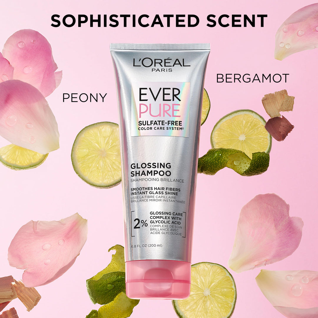 L'Oreal Paris Glossing Sulfate Free Shampoo with Glycolic Acid, Hair Care for Lasting Shine and Smoothness for Dull, Dry Hair, EverPure, 6.8 Fl Oz