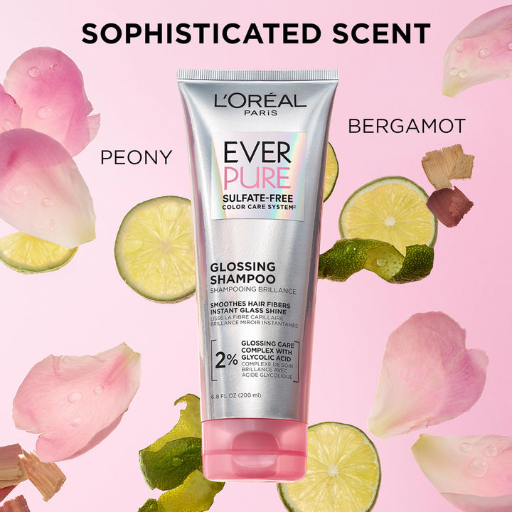L'Oreal Paris Glossing Sulfate Free Shampoo with Glycolic Acid, Hair Care for Lasting Shine and Smoothness for Dull, Dry Hair, EverPure, 6.8 Fl Oz