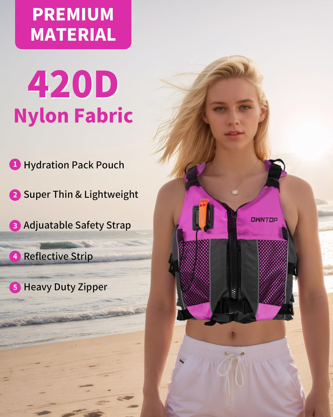 Owntop Swim Vest Youth 75-125 lbs, Lightweight Kayak Kids Swim Jacket Boys Grils, Hydration Pocket for Wakeboard, Boating, Fishing, Water Sports (Pink, XS/S)