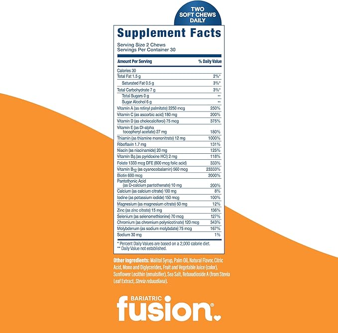 Bariatric Fusion Bariatric Multivitamin Soft Chew | Tropical Fruit Flavor | Chewy for Post Bariatric Surgery Patients Including Gastric Bypass and Sleeve Gastrectomy | 60 Count | 1 Month Supply