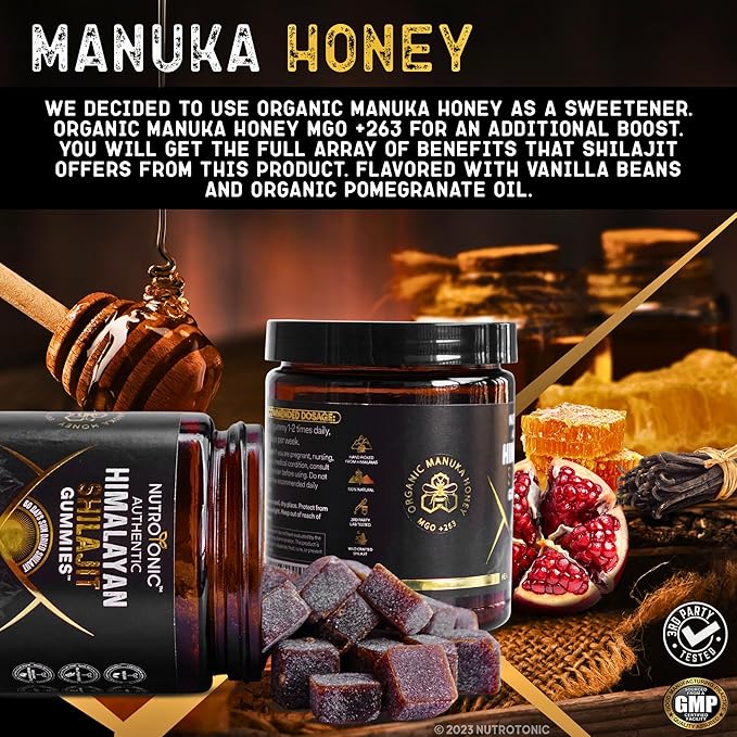Organic SHILAJIT Gummies by NutroTonic | Organic Pomegrenate Flavor | Cane Sugar Free, Sweetened by Organic Manuka Honey | Clean Formula | Heart & Brain, Cellular Health 30 Healthy Gummies (1)